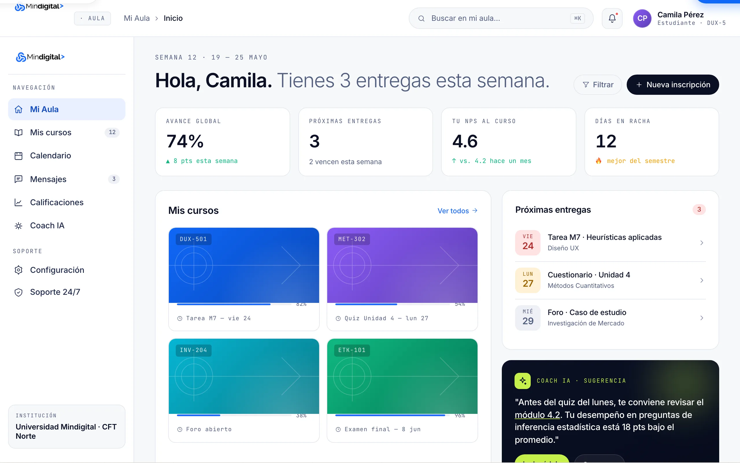 Dashboard del estudiante con KPIs, cursos activos y Coach IA