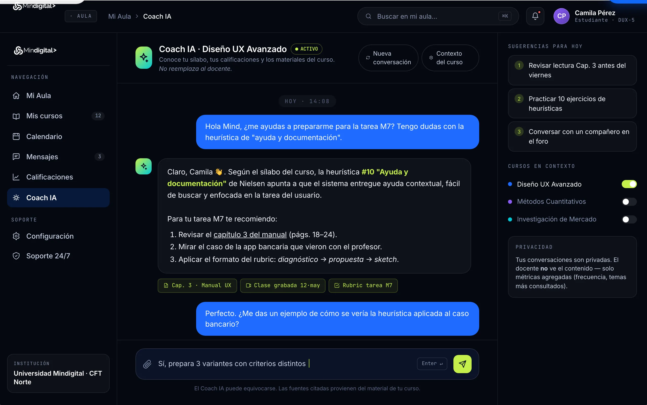 Coach IA respondiendo con citas a la lección fuente