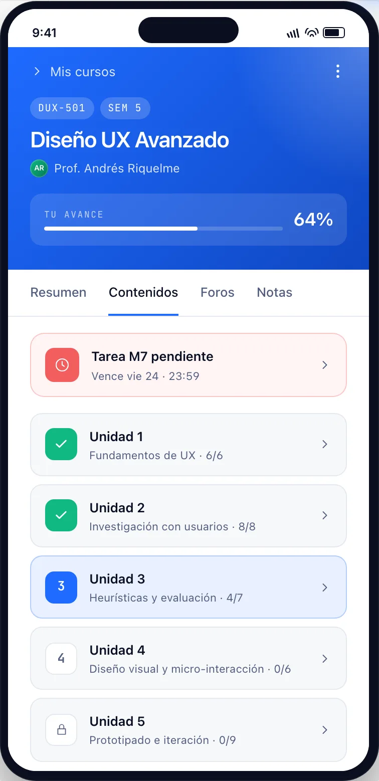 App móvil — Vista del curso